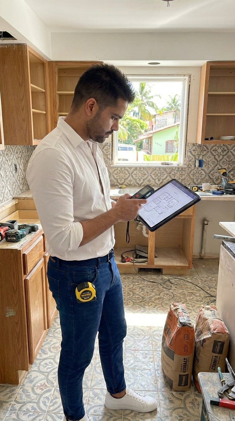 Hamilton Júnior analisando uma cozinha